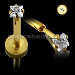 9K Gold Internal Lip Labret with Square Jeweled Top