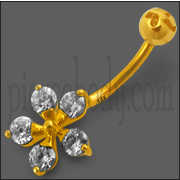 Flower Shape Jeweled 14k Gold Banana Bar Belly Ring
