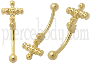 Gold Plated Gothic Skulls Cross Eyebrow Ring