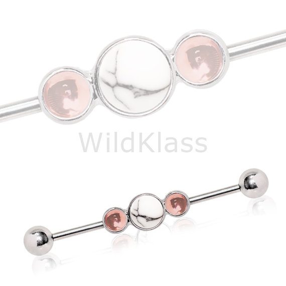 Industrial Barbell with Faux Bubbles and Howlite Stone 316L Surgical Steel- Price- $11.99 USD