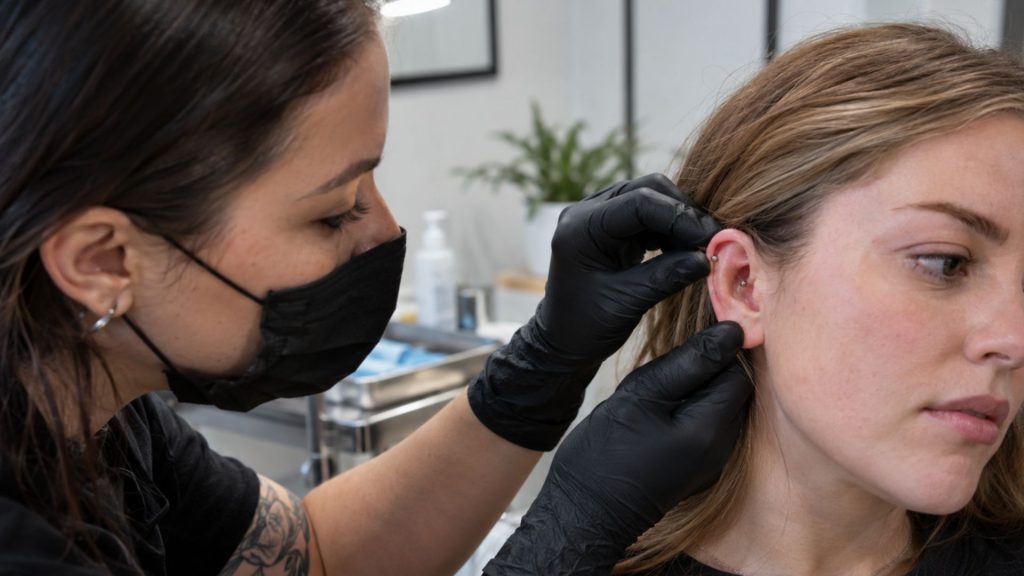 A female wearing a helix piercing in a piercing studio