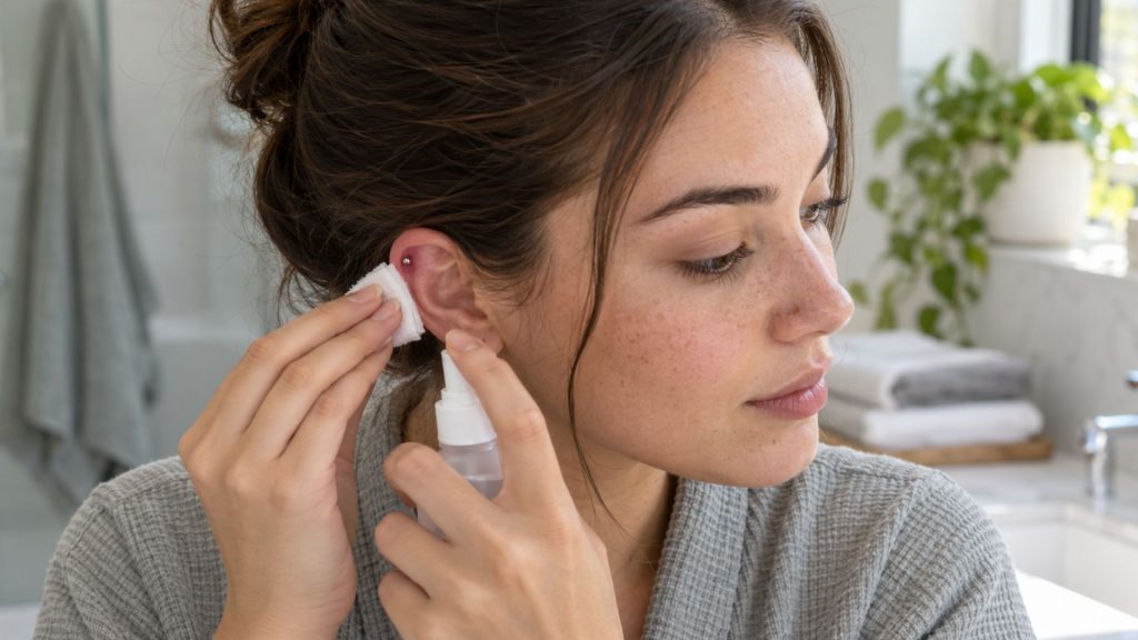 Image of a female doing piercing care for ear with a saline solution and a cotton to clean initial piercing 