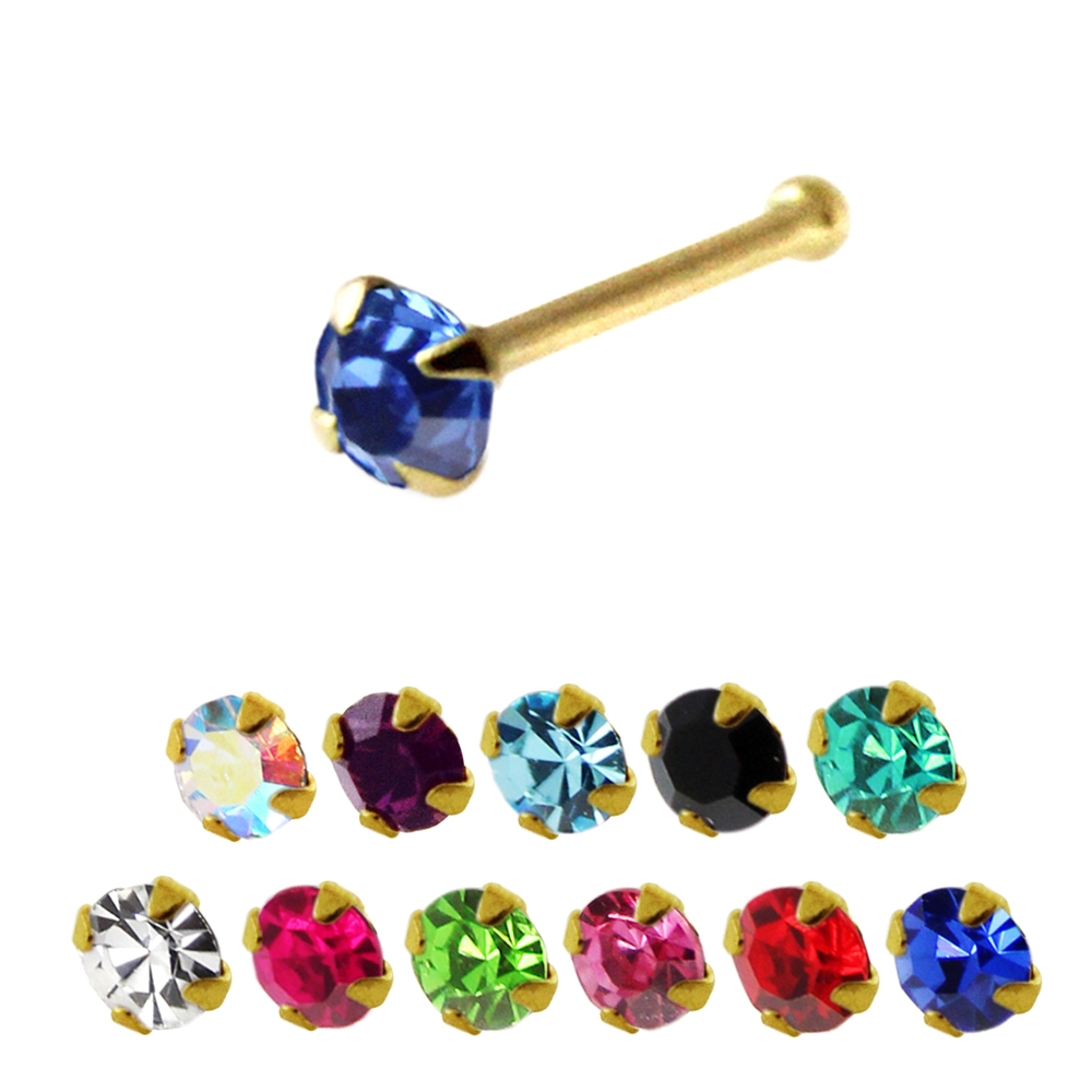 22G-6 mm 14K Yellow Gold Jeweled High quality CZ Prong-Set Ball End Nose Pin 