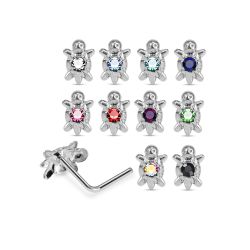 925 Sterling Silver Jeweled Sea Turtle L-Bend Nose Stud Box (20 Pieces)