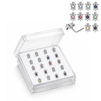 925 Sterling Silver Jeweled Sea Turtle L-Bend Nose Stud Box (20 Pieces)