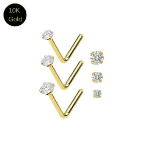 Main collection view of 10k solid yellow gold L-bend nose studs with clear prong-set CZ stones in three sizes.