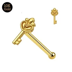10K Solid Yellow Gold Key Nose Stud 22G – Ball End Nose Pin