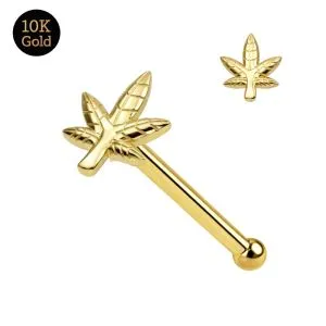 10K Solid Yellow Gold Marijuana Leaf Nose Stud 22G – Ball End Nose Pin