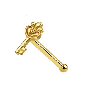 10K Solid Yellow Gold Key Nose Stud 22G – Ball End Nose Pin