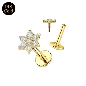14K Solid Gold Internally Threaded CZ Jeweled Flower Labret | 16G