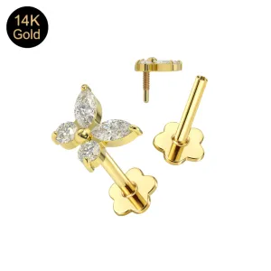 14K solid gold 16G marquise butterfly labret showing the complete jeweled set with the decorative flower-shaped base and separate top.