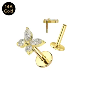 14K solid gold 16G butterfly labret showing the complete jeweled set alongside the separate butterfly top and internally threaded base.