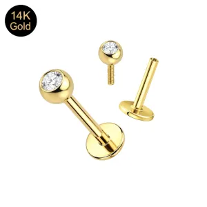 14K solid gold 16G labret showing the complete stone ball set alongside the separate top and internally threaded round base.