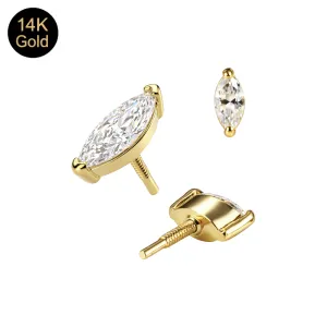 14K solid gold marquise CZ attachment top showing 2mm x 4mm front stone and internally threaded back.