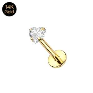 14K Solid Gold 3mm Heart CZ Stone Top Labret Piercing | 16G