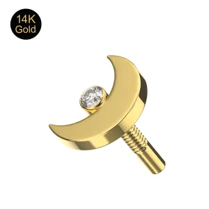 14K solid gold 5mm jeweled crescent moon attachment top showing front CZ setting and internally threaded back.
