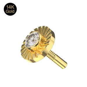 14K solid gold 5mm laser cut button attachment top with round CZ center showing front detail and internal thread.
