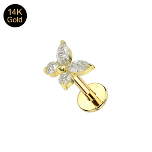 High-detail close up of the 14K solid gold 6mm butterfly top featuring marquise and round cut clear Cubic Zirconia stones.