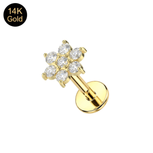 14K Solid Gold Internally Threaded CZ Jeweled Flower Labret | 16G
