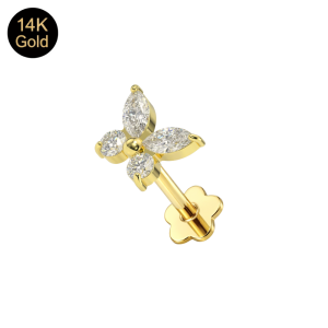 Macro shot of the 14K solid gold decorative flower-shaped backing and the marquise butterfly top with CZ stones.