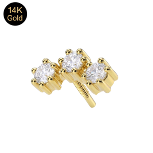 Detailed view of the 14K solid gold curved cluster attachment highlighting the triple round-cut cubic zirconia stones and high-polish finish