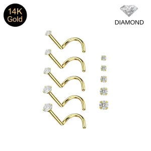 A set of five solid 14K gold nose screws with genuine brilliant round-cut diamonds in various sizes.