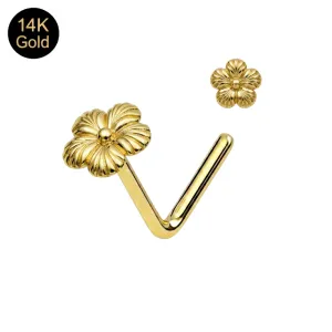 14K Solid Yellow Gold Frangipani Flower L-Bend Nose Stud (22G)