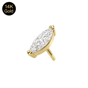 Detailed view of 14K solid gold marquise CZ top highlighting the prong setting and high-polish finish.