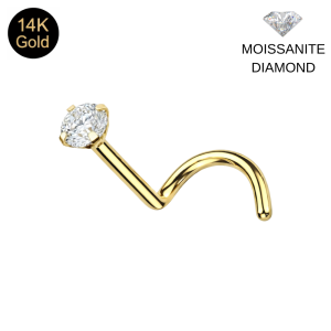 14K Solid Yellow Gold Moissanite Diamond Claw-Set Screw Nose Stud | 22G
