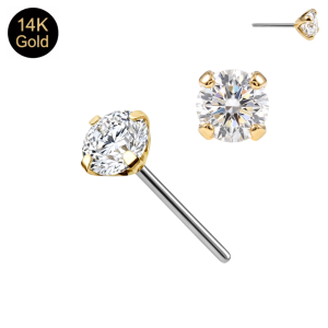14K Solid Gold Round CZ Threadless Top with Titanium Push Pin | Universal Fit
