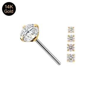 14K Solid Gold Round CZ Threadless Top with Titanium Push Pin | Universal Fit