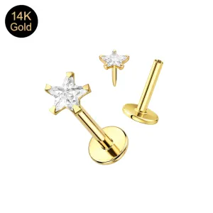 14K Solid Gold Star CZ labret showing threadless stone top and base separate for fitment visualization.
