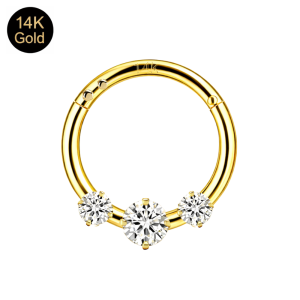 14K Solid Yellow Gold Triple-Set CZ Jeweled Hinged Segment Clicker | 18G