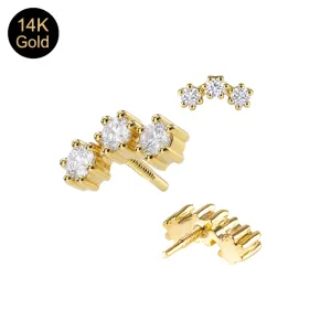14K solid gold triple round CZ curved cluster attachment top showing both the front prong setting and the internally threaded back view.