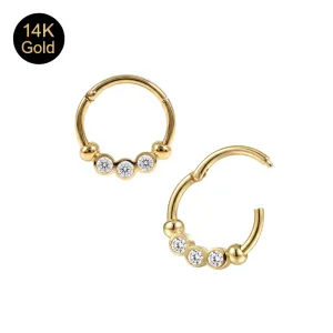 14K Solid Gold Triple-Gem Bezel Round CZ Hinged Segment Clicker Ring | 18G 8mm