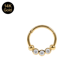 14K Solid Gold Triple-Gem Bezel Round CZ Hinged Segment Clicker Ring | 18G 8mm