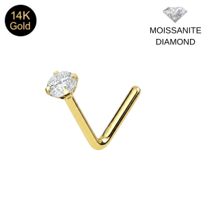 14K Solid Yellow Gold Moissanite Diamond Claw-Set L-Bend Nose Stud | 22G