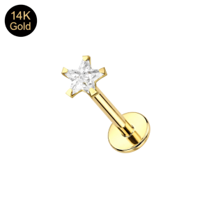 Close up of 3mm Star cut CZ stone prong-set in 14K solid yellow gold.