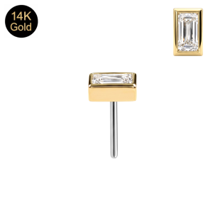 14K Solid Gold Bezel Baguette CZ Threadless Top with Titanium Push Pin | Universal Fit