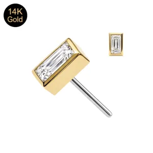 14K Solid Gold Bezel Baguette CZ Threadless Top with Titanium Push Pin | Universal Fit
