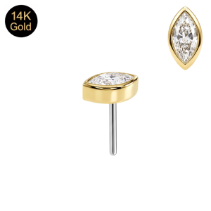 14K Solid Gold Bezel Marquise CZ Threadless Top with Titanium Push Pin | Universal Fit