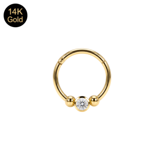 14K Solid Gold Bezel-Set Round CZ Hinged Segment Clicker Ring | 18G 8mm