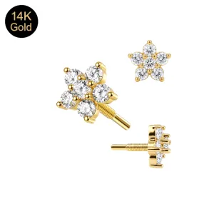 Multiple viewing angles of the 14K gold daisy cluster top showing front profile, threaded pin extension, and side micro-prong setting