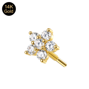 14K solid gold daisy flower cluster internal thread piercing attachment top featuring six round clear cubic zirconia stones