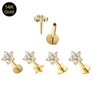 14K Solid Gold Daisy Flower Cluster CZ Internal Thread Labret Stud – Choice of Backing