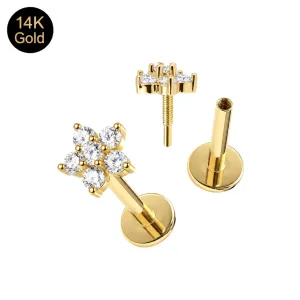 14K Solid Gold Daisy Flower Cluster CZ Internal Thread Labret Stud – Choice of Backing