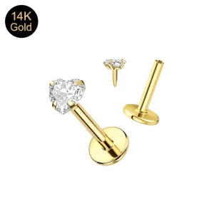 14K Solid Gold 3mm Heart CZ Stone Top Labret Piercing | 16G