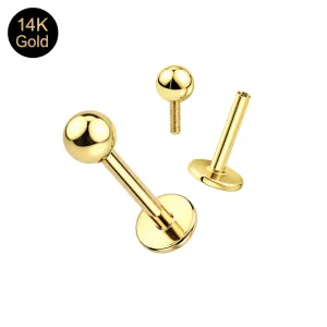 14K solid yellow gold 16G internally threaded labret set showing the 3mm ball top and post base with precision threading.