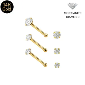 14K Solid Yellow Gold Brilliant Moissanite Diamond Claw-Set Ball end Nose Pin (22G)