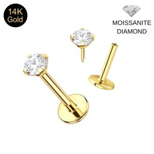 14K solid gold 16G threadless labret set featuring a colorless 3mm moissanite diamond stone top.